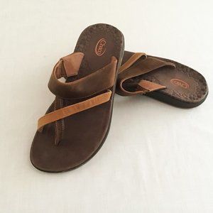 Chaco two tone brown leather Sandals, Size 6 with a fun orange sole, never worn